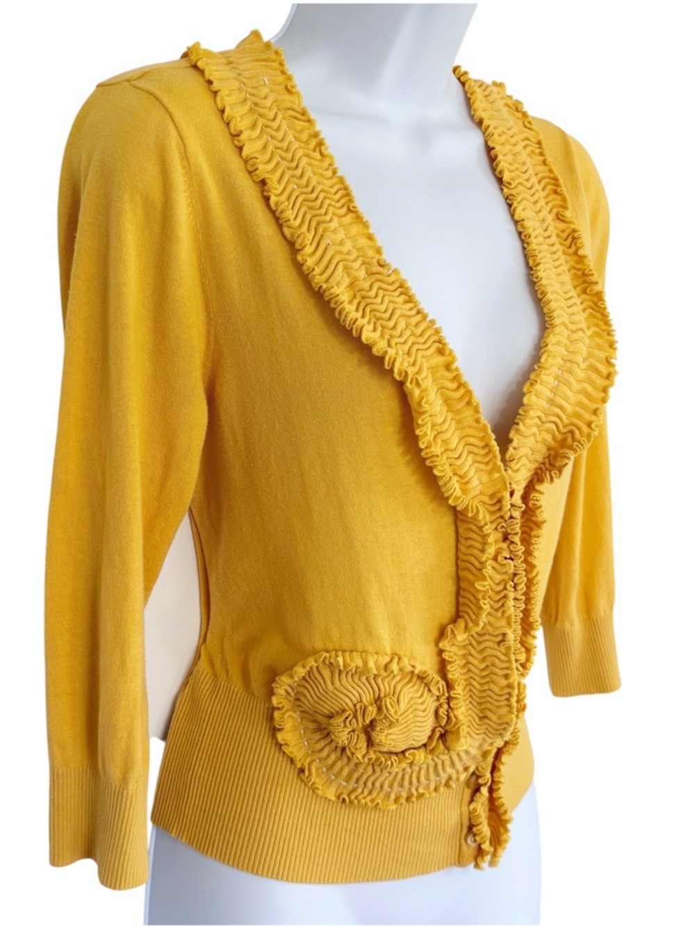 SPARROW ANTHROPOLOGIE Ruffle Cotton Cardigan Mustard Yellow Button Front Large - Picture 2 of 8